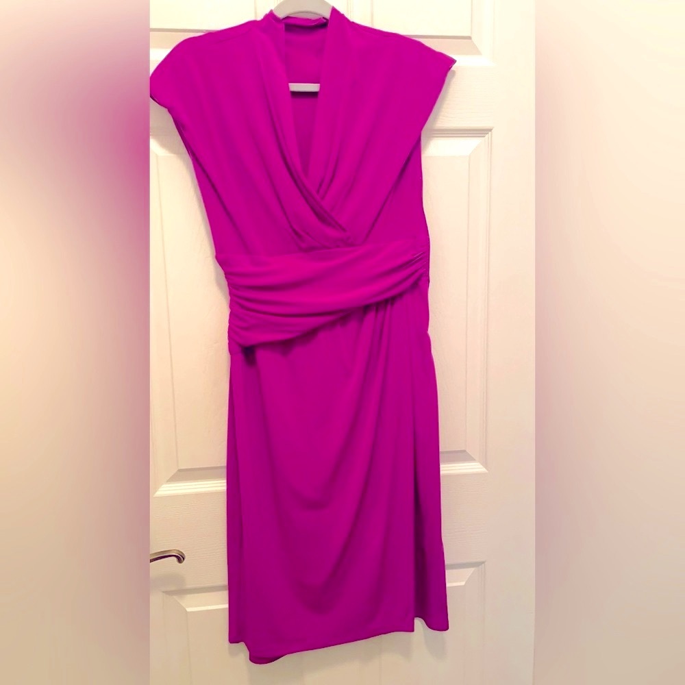 Pink Pleated Wrap Midi Dress with V-neck Cowl Neck